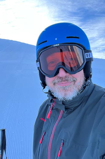 Captain Krešo Volarić in ski goggles and helmet. Ski resort, Tromso